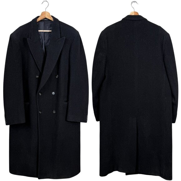 Vtg London Fog 100% Pure Wool Overcoat Mens 44L Black Double Breasted Minimalist - Picture 1 of 15